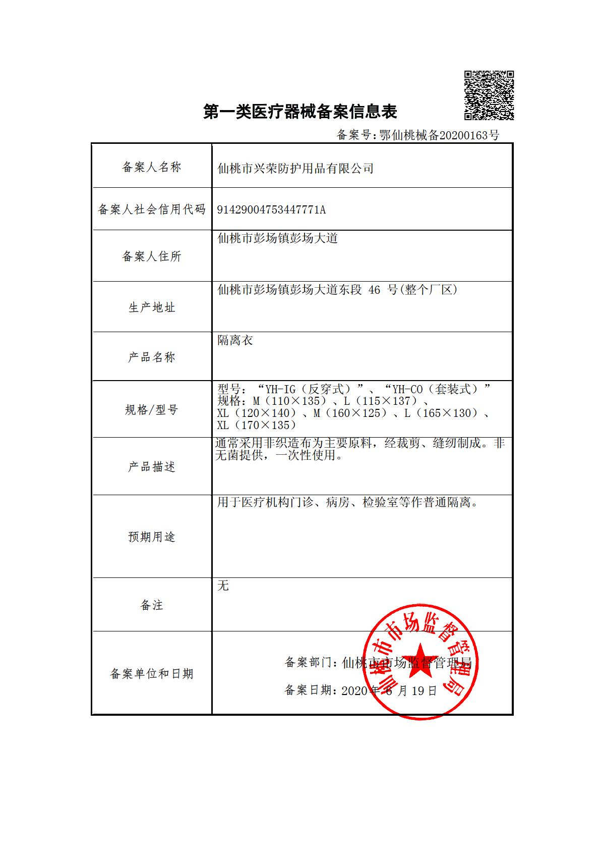 医疗器械备案信息（隔离衣）